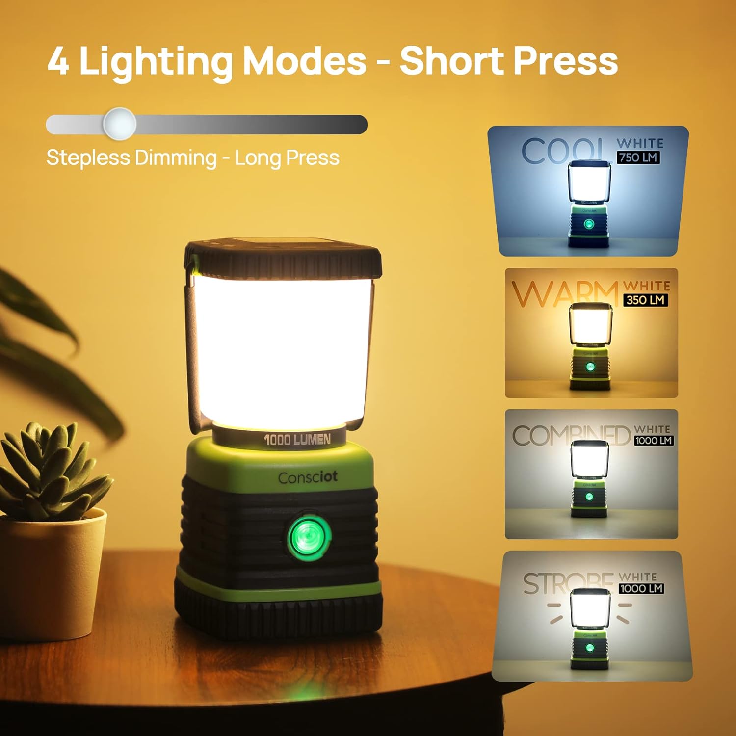 LED Camping Lantern, Consciot Battery Powered Camping Lights, 1000LM, 4 Light Modes, IPX4 Waterproof Tent Lights, Portable Flashlight for Power Outages, Emergency, Hurricane, Hiking, 2-Pack - Image 3